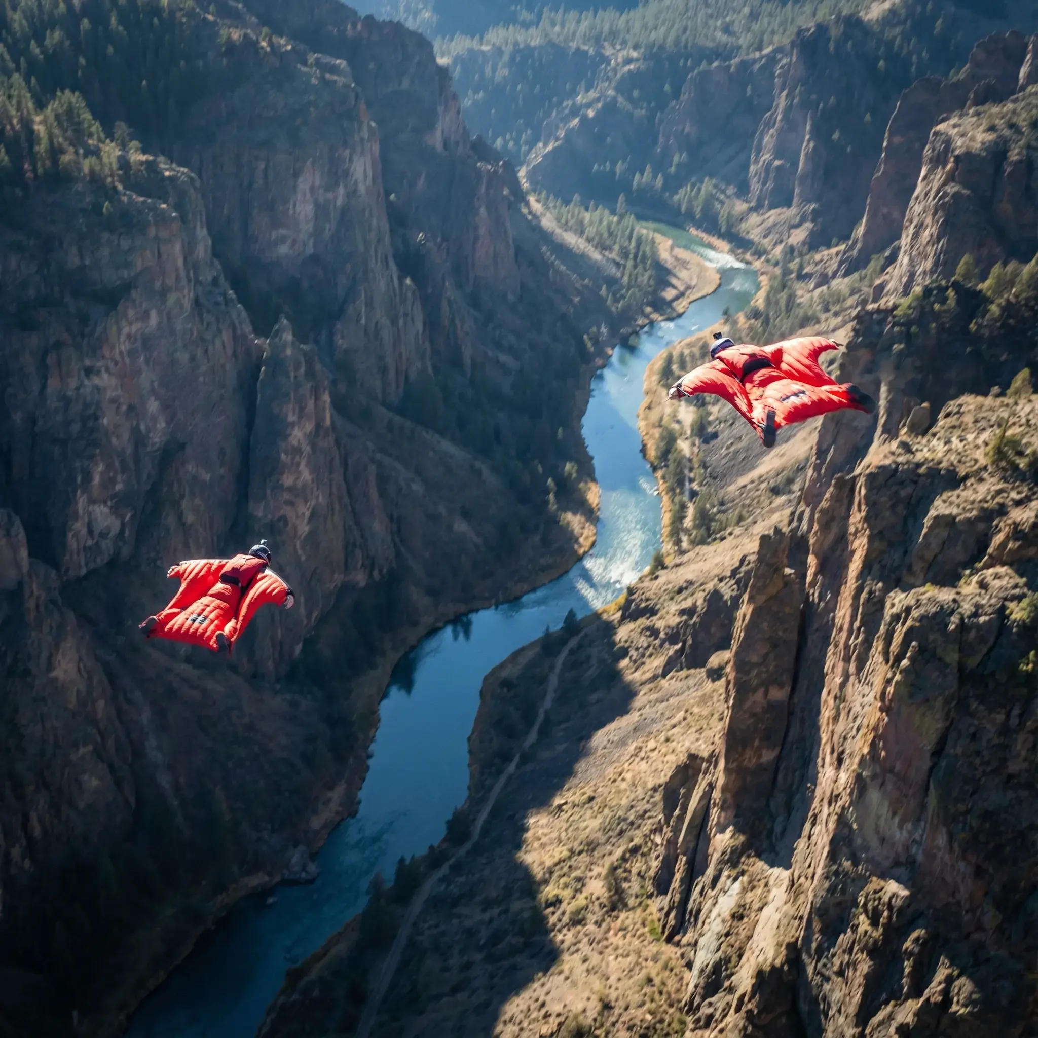 Два спортсмена в вингсьютах над каньоном